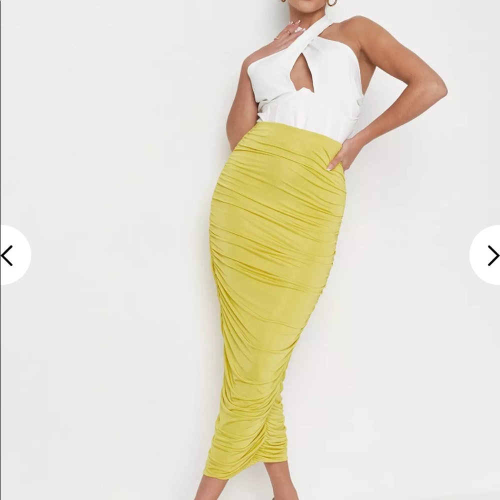 Chartreuse slinky ruched midi skirt